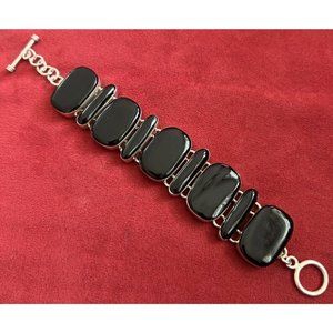 Vtg Taxco Mexico Sterling 925 Black Onyx Panel Link Bracelet 7.5” 58 G HEAVY